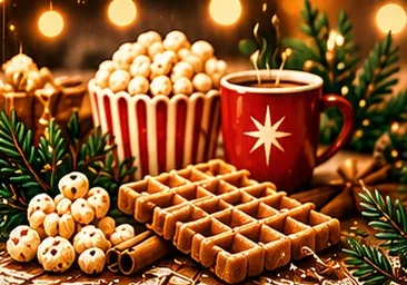 Waffeln, Popcorn und eine dampfende rote Tasse vor Lichterketten