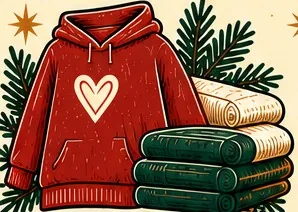 Illustration: roter Hoodie mit Herz und gestapelte Pullover